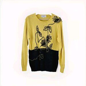 Vtg Viti Sweater Women M Black Yellow LS Crewneck Floral Whismsigoth Artsy Boho